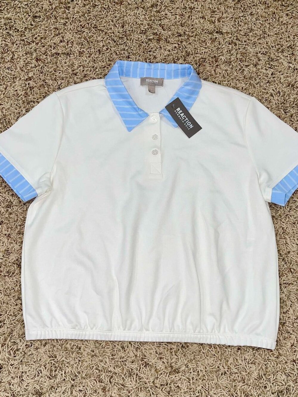 Kenneth Cole Reaction Women’s Striped Collar Polo Shirt White Blue, Size Large